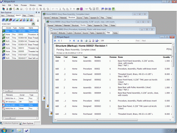 PDXpert PLM software showing bill of materials report