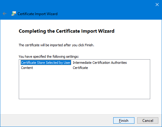 Certificate Import Wizard install summary