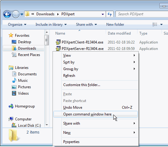 Context menu showing Open command window here