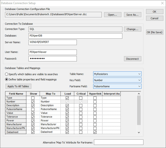 Pulsonix EDA example settings in the Database Connection Setup dialog