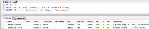 Resistor & capacitor SELECT statement for testing PDXpert ODBC view