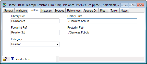 Example resistor custom attribute values