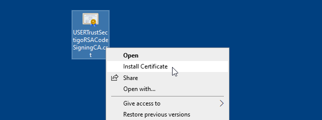 File context menu Install Certificate command