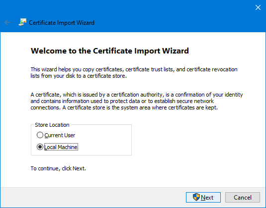 Certificate Import Wizard select profile