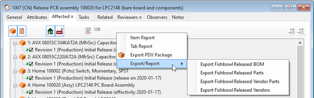 PDXpert change form Affected list's context menu for exporting data to Fishbowl
