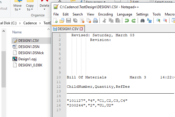 OrCAD BOM opened in Notepad++ editor