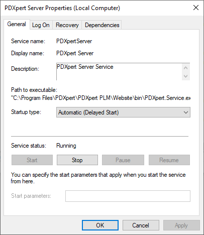 PDXpert Server service properties window