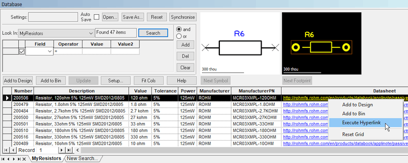 Pulsonix example search results in the Database Search tab