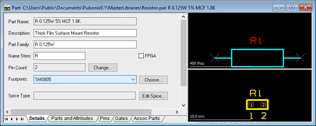 Resistor part definition in Pulsonix example library